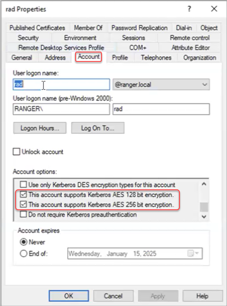 Account tab with both Kerberos AES options selected