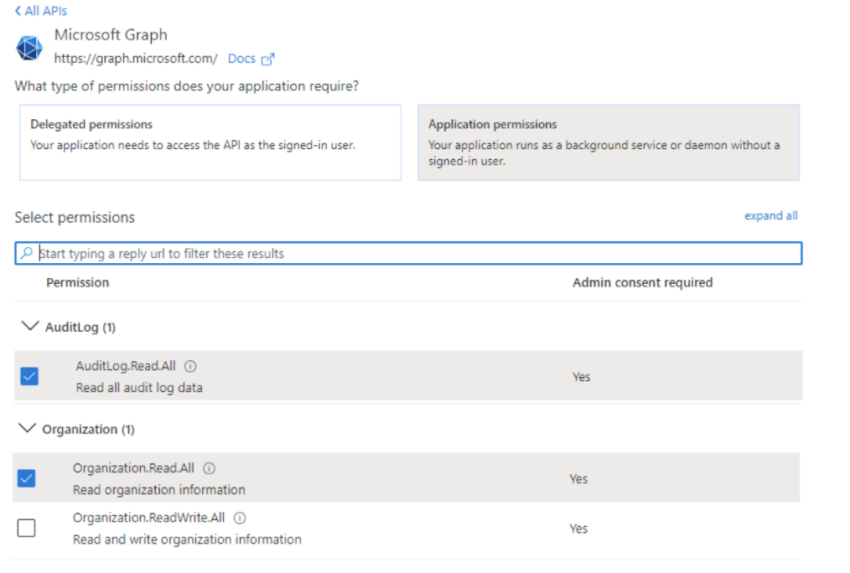 Add the following application permissions for Microsoft Graph:
