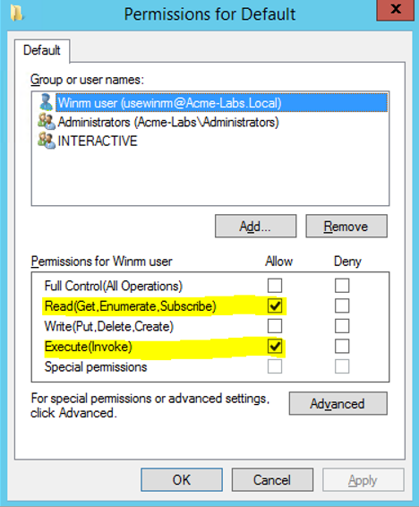 Permissions for Default window with Read and Execute allowed